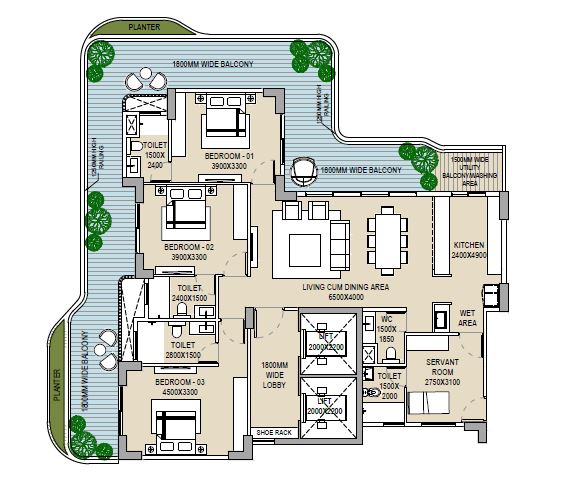 3 BHK + SR + Utility