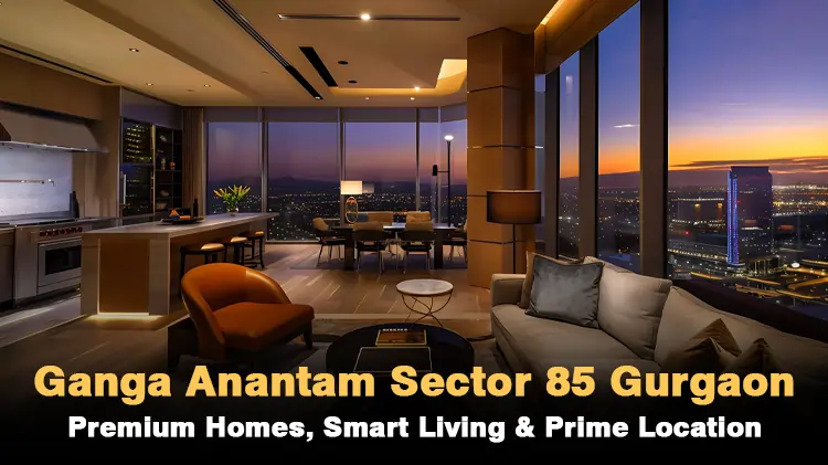 Exterior view of Ganga Anantam Apartment, featuring a modern, multi-story building surrounded by lush greenery. The contemporary architecture includes large windows, balconies, and spacious outdoor areas, creating a peaceful and elegant living environment.
