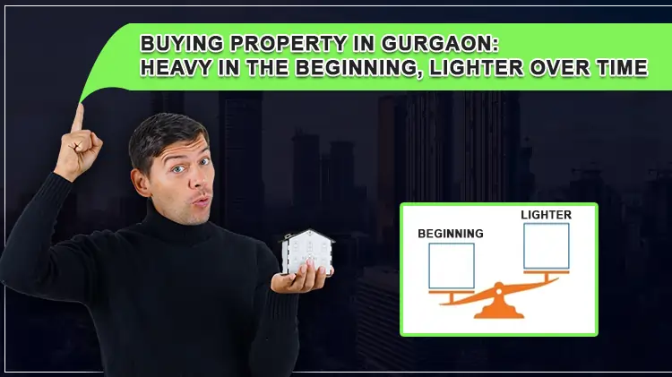 A person holds a small house model, with text about buying property in Gurgaon, emphasizing initial costs and long-term ease.