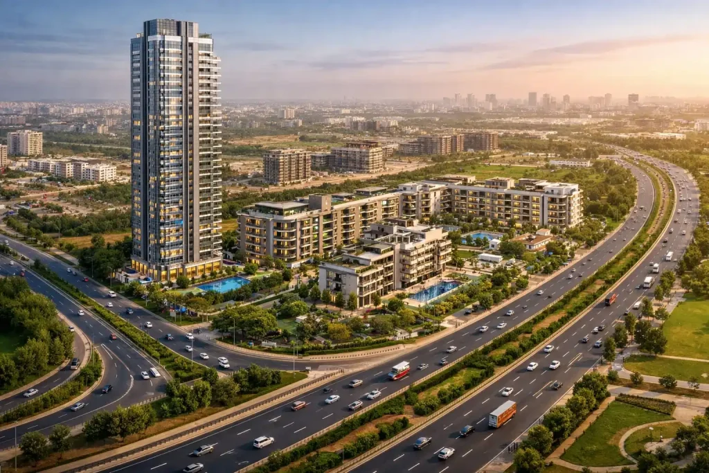 Urban landscape with buildings and highway
