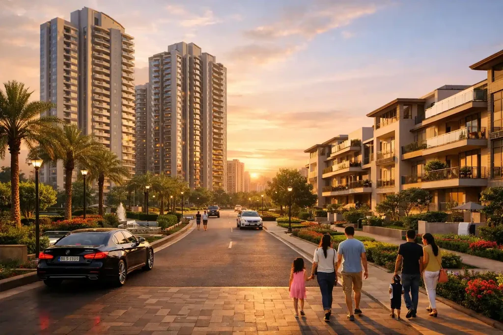 A sunlit street in a modern residential area with palm trees lining the road sets a calm, upscale tone. Families stroll towards elegant high-rise buildings, reflecting the serene community lifestyle often associated with premium apartments in Gurgaon. The surroundings capture the essence of refined urban living, where thoughtfully designed spaces and green avenues define the appeal of luxury apartments in Gurgaon