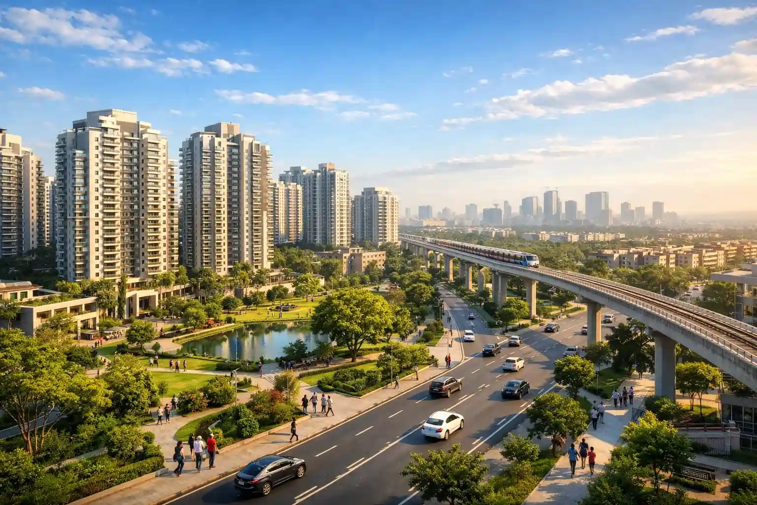A city scene featuring a bustling bridge filled with cars. The skyline includes skyscrapers and tower blocks, set against a backdrop of a cloudy sky. The urban landscape showcases downtown buildings and lush trees along the thoroughfare.
