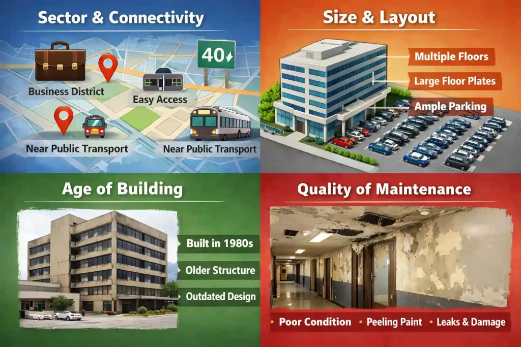 Infographic with four sections: Sector & Connectivity with maps and transport icons; Size & Layout with a large building and parking; Age of Building with 1980s structure; Quality of Maintenance showing peeling paint and damage.