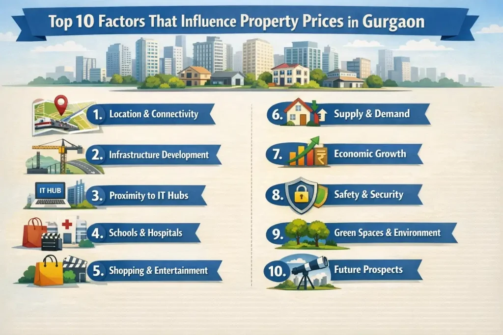 Infographic listing the top 10 factors influencing property prices in Gurgaon, including location, infrastructure, and economic growth.