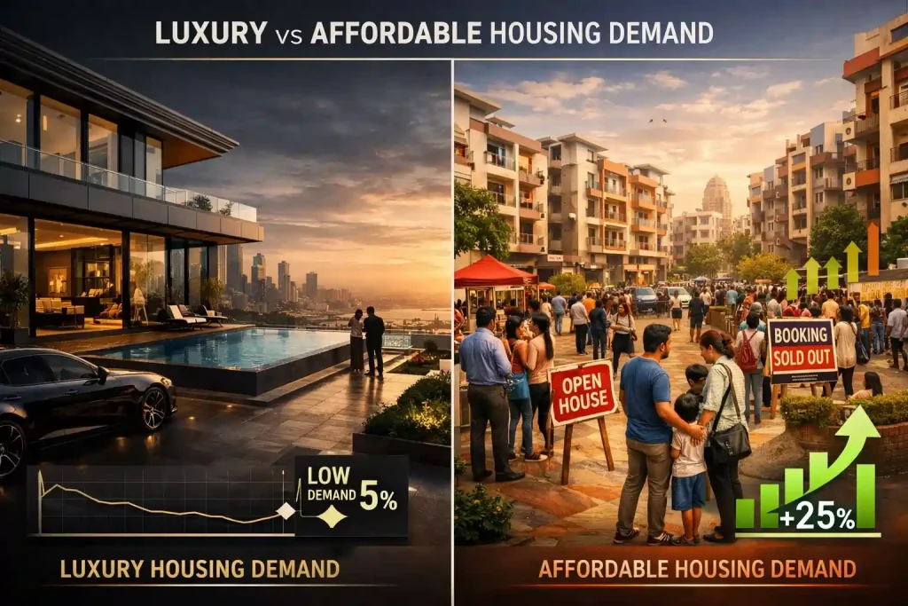 Side-by-side comparison of luxury and affordable housing demand; luxury shows 5% low demand, affordable shows 25% increase with crowds and sold out/open house signs.