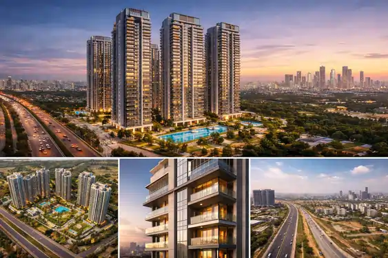 Nandaka Sector 84 Gurgaon luxury high-rise towers near Dwarka Expressway at sunset