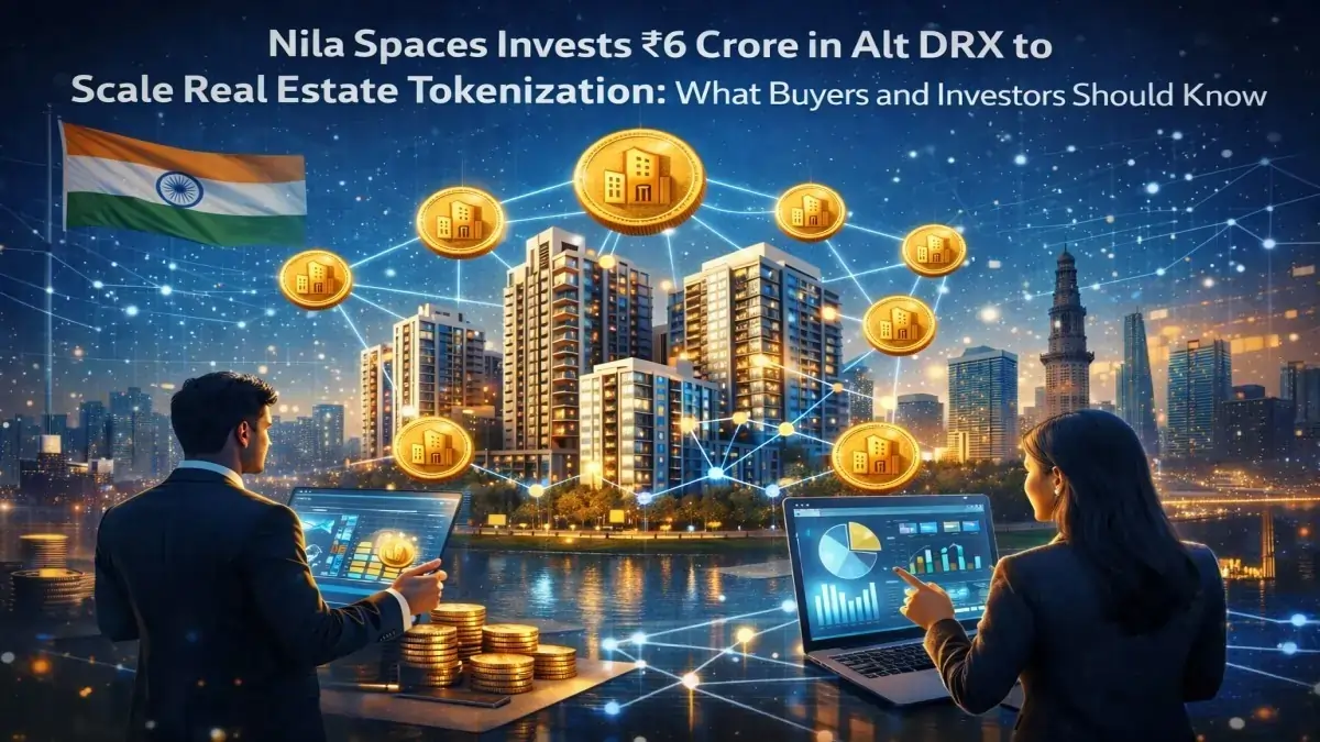 Real estate tokenization investment concept in India showing luxury property and digital blockchain technology