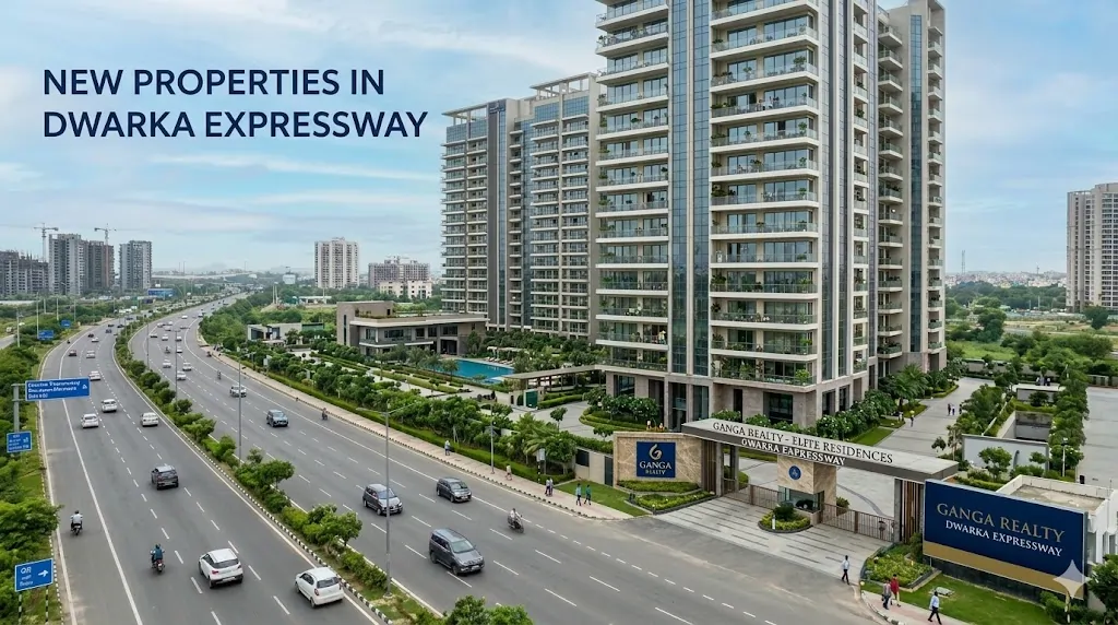 An elevated view of the massive, modern multi-tower Ganga Realty Elite Residences high-rise apartment complex next to a wide, multi-lane Dwarka Expressway in a developing urban landscape. A text overlay reads: "NEW PROPERTIES IN DWARKA EXPRESSWAY". The image features numerous balconies with glass railings, a visible central courtyard with a swimming pool, a large entrance gate with text signs, and a wide highway with cars and traffic signs in the foreground.