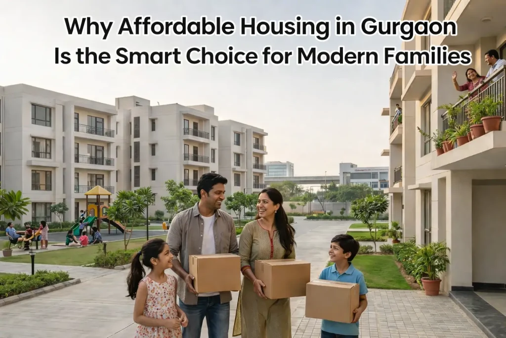 Family moving into affordable housing in Gurgaon with modern apartments and community amenities
