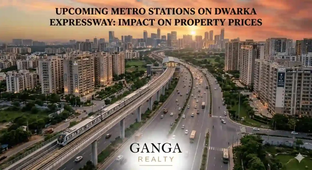 Aerial view of Dwarka Expressway in Gurgaon with elevated metro line and luxury residential apartments along the corridor