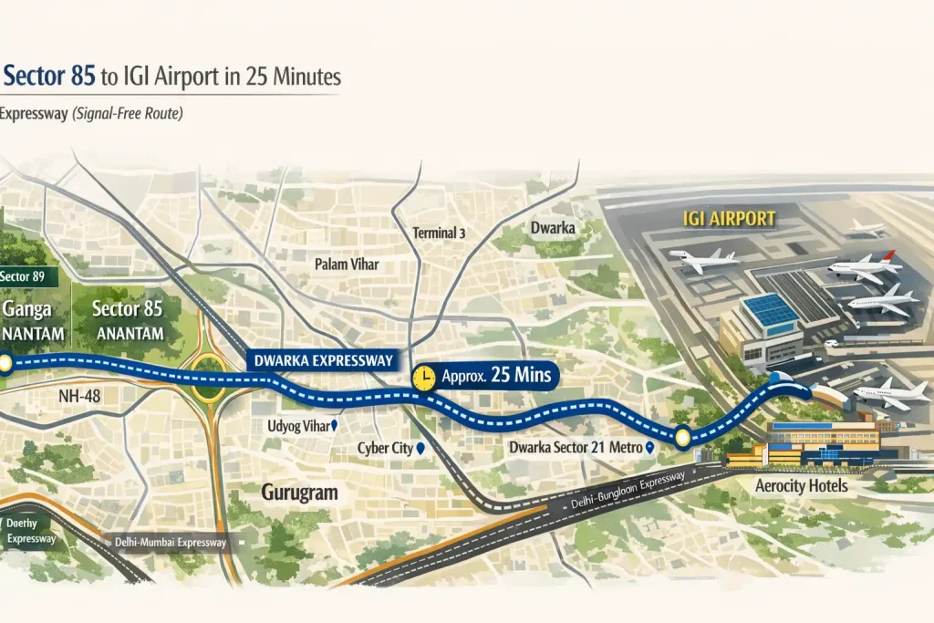 Dwarka Expressway connectivity map showing 25 minute route from Sector 84 and 85 Gurugram to IGI Airport