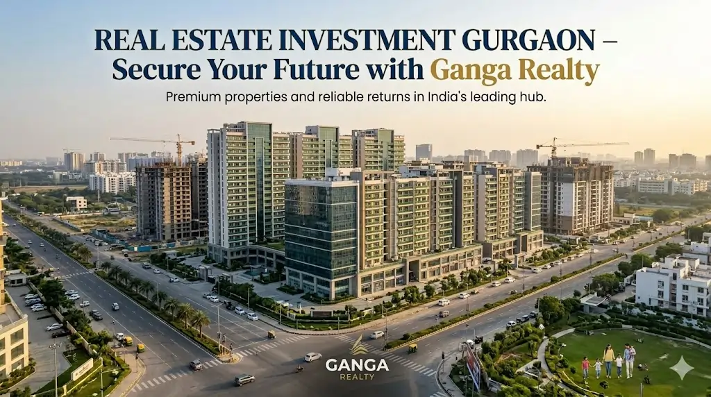 Elevated aerial perspective of a major Ganga Realty real estate investment project in Gurgaon, India, featuring modern high-rise buildings and construction, with text overlays.