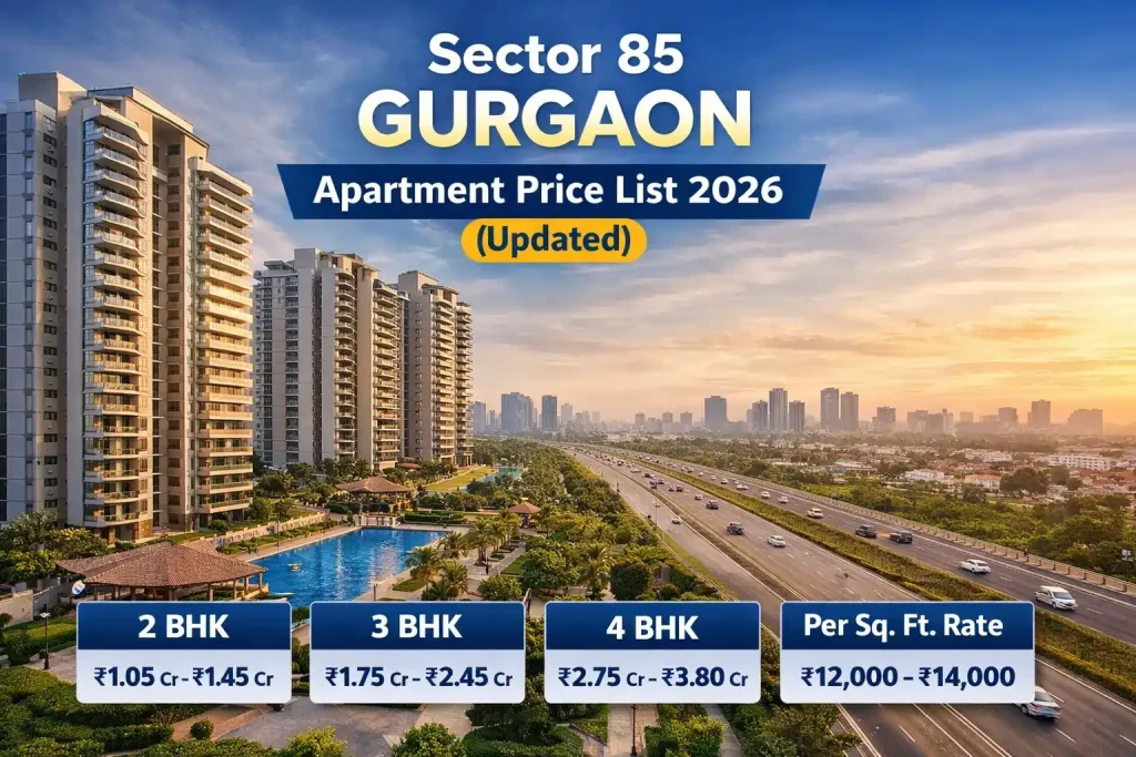 Sector 85 Gurgaon apartment price list 2026 showing 2 BHK, 3 BHK and 4 BHK pricing with per sq ft rates near Dwarka Expressway